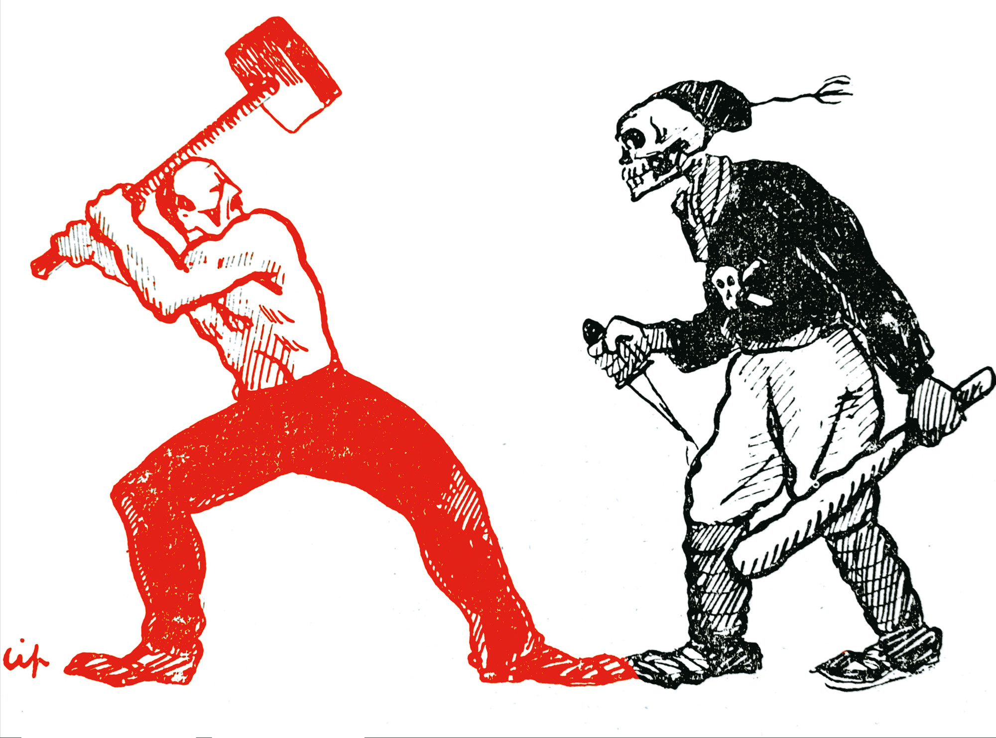 Illustrasjon som viser en arbeider i rødt som kjemper med slegge mot en svartkledd figur med dødningehode.