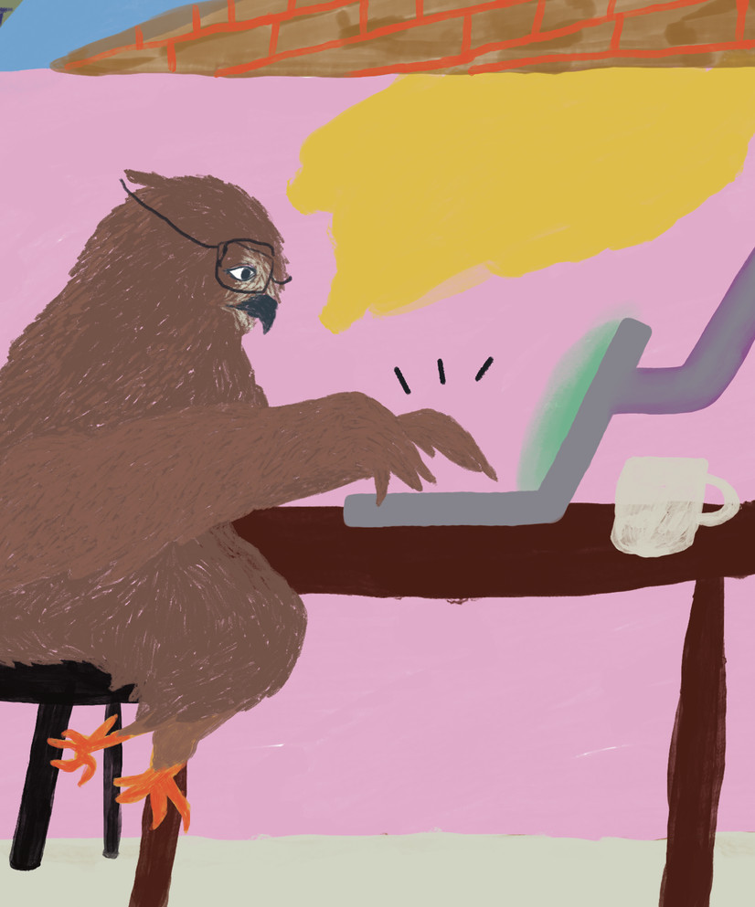 Ugle skriver på tastaturet sitt. Utsnitt fra forsideillustrasjon, tegnet av Signe-Lill Valkvæ
