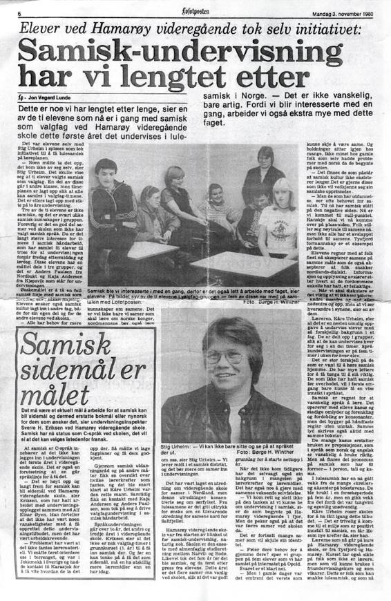 Oppslag fra Lofotposten 3. november 1980. Overskrifter: "Samisk-undervisning har vi lengtet etter" og "Samisk sidemål er målet".