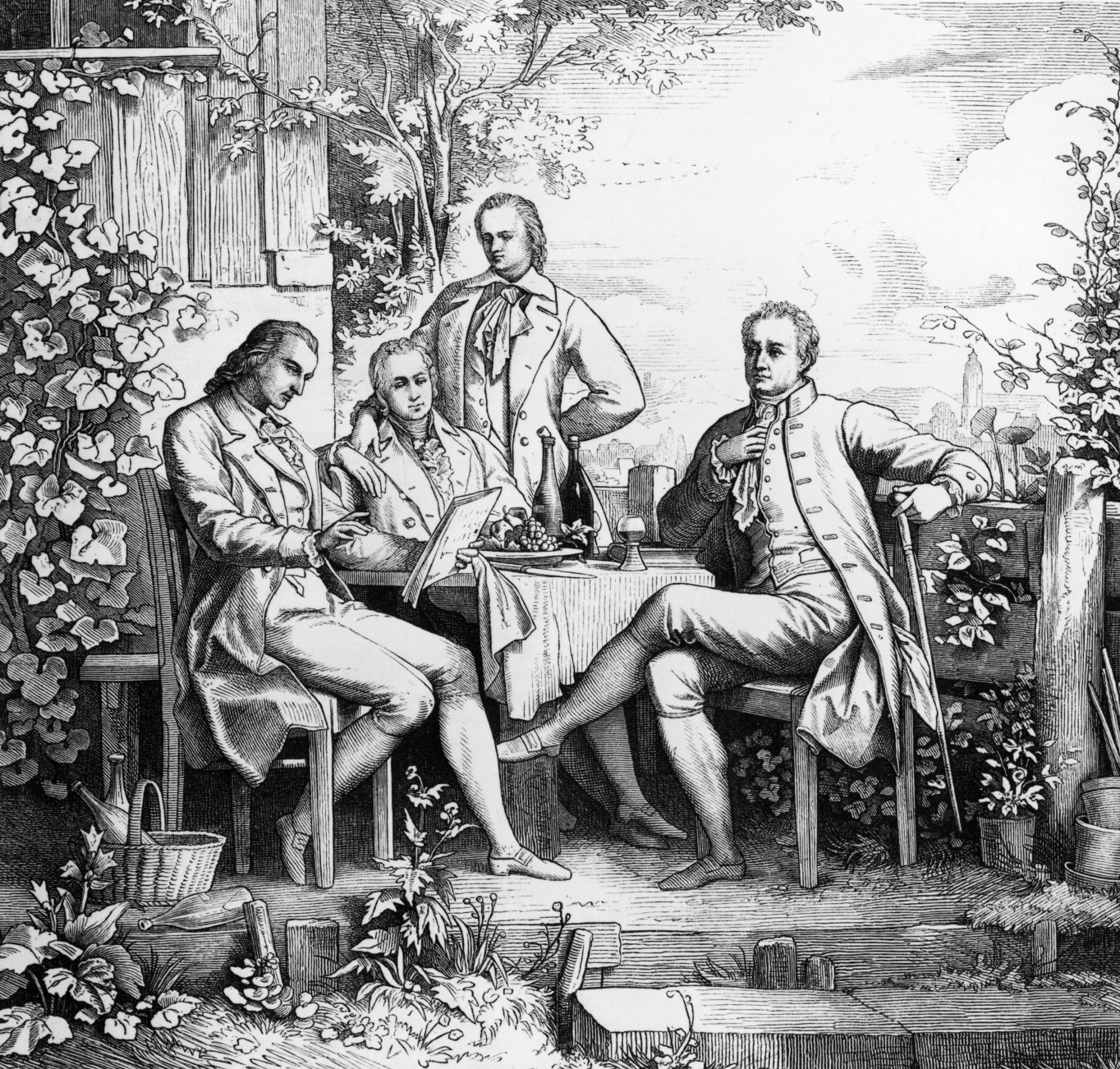 Tegning av Friedrich Schiller, Wilhelm og Alexander von Humboldt og Johann Wolfgang von Goethe i Jena (ca. 1797). Tegnet av Andreas Müller.