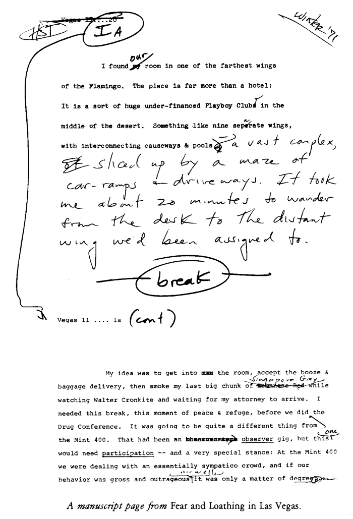 En side fra manuset til Hunter S. Thompsons Fear and Loathing in Las Vegas / Frykt og avsky i Las Vegas